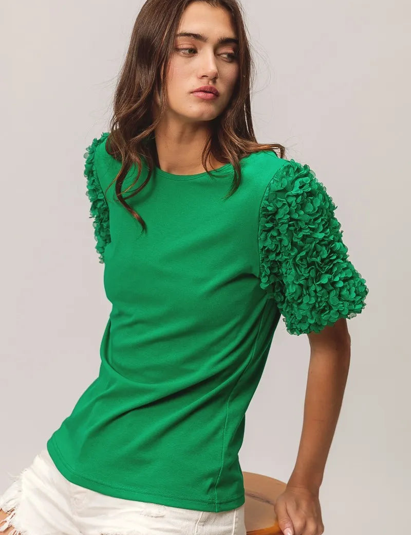 JADE BiBi Short Mesh Flower Sleeve Knit Top | Tops Daverri Fashions