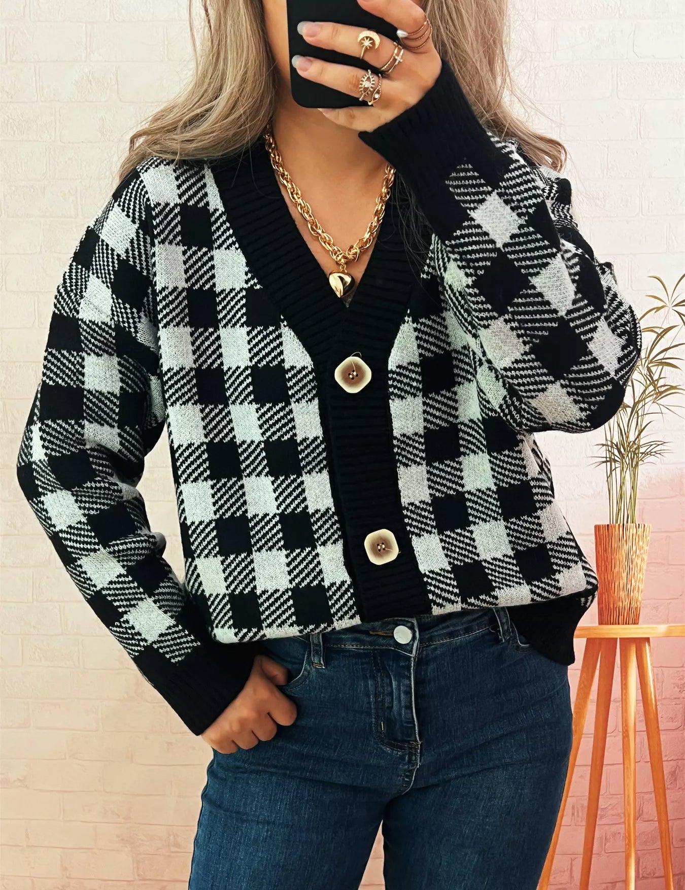 Black One Size Plaid Button-Down Cardigan | Cardigans Daverri Fashions