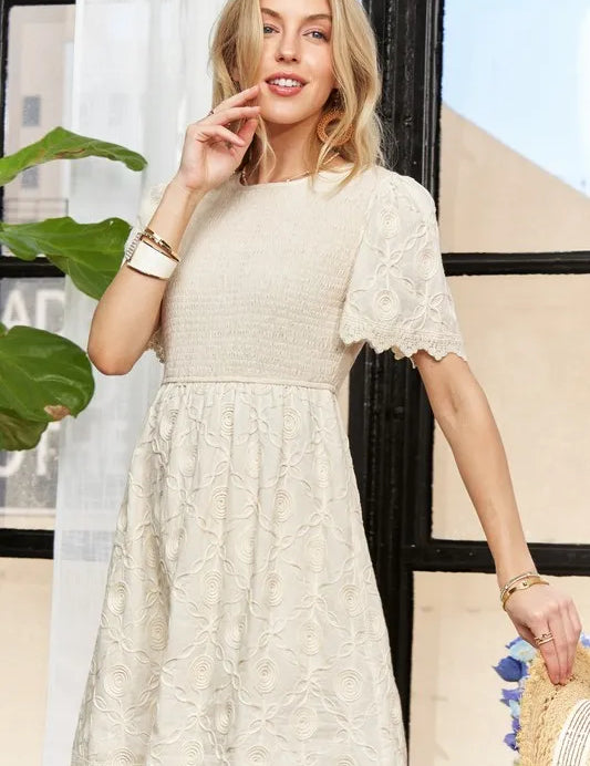 BEIGE ADORA Rround Neck Crinkle Babydoll Dress | Mini Dresses Daverri Fashions