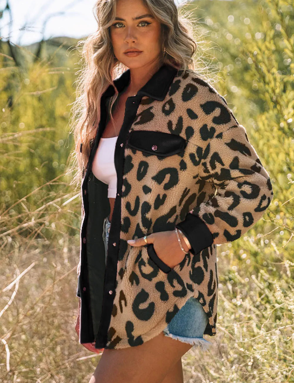 Leopard Button Up Long Sleeve Jacket | Jackets Daverri Fashions