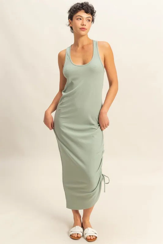 SAGE GREEN HYFVE Scoop Neck Side Tie Detail Midi Dress | Daverri Fashions