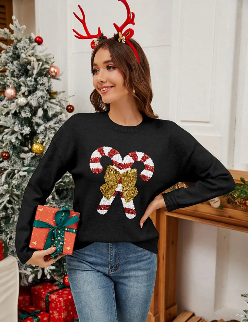 Black Sequin Candy Cane Round Neck Long Sleeve Sweater | Sweaters Daverri Fashions