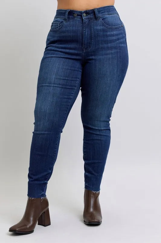 Judy Blue Full Size Mid Rise Skinny Jeans with Raw Hem Plus Size | Daverri Fashions