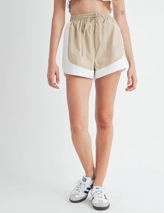 Taupe MABLE Drawstring Waist Contrast Trim Detail Shorts | Shorts Daverri Fashions