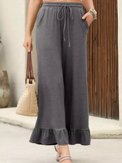 Ruffled Wide Leg Pull On High Waist Pants with Pockets | Pants Daverri Fashions