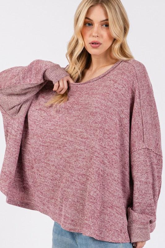 SAGE + FIG Round Neck Batwing Sleeve Oversize Top | Tops Daverri Fashions