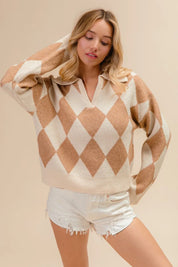 BiBi Diamond Pattern Collared Notch Neck Sweater | Sweaters Daverri Fashions