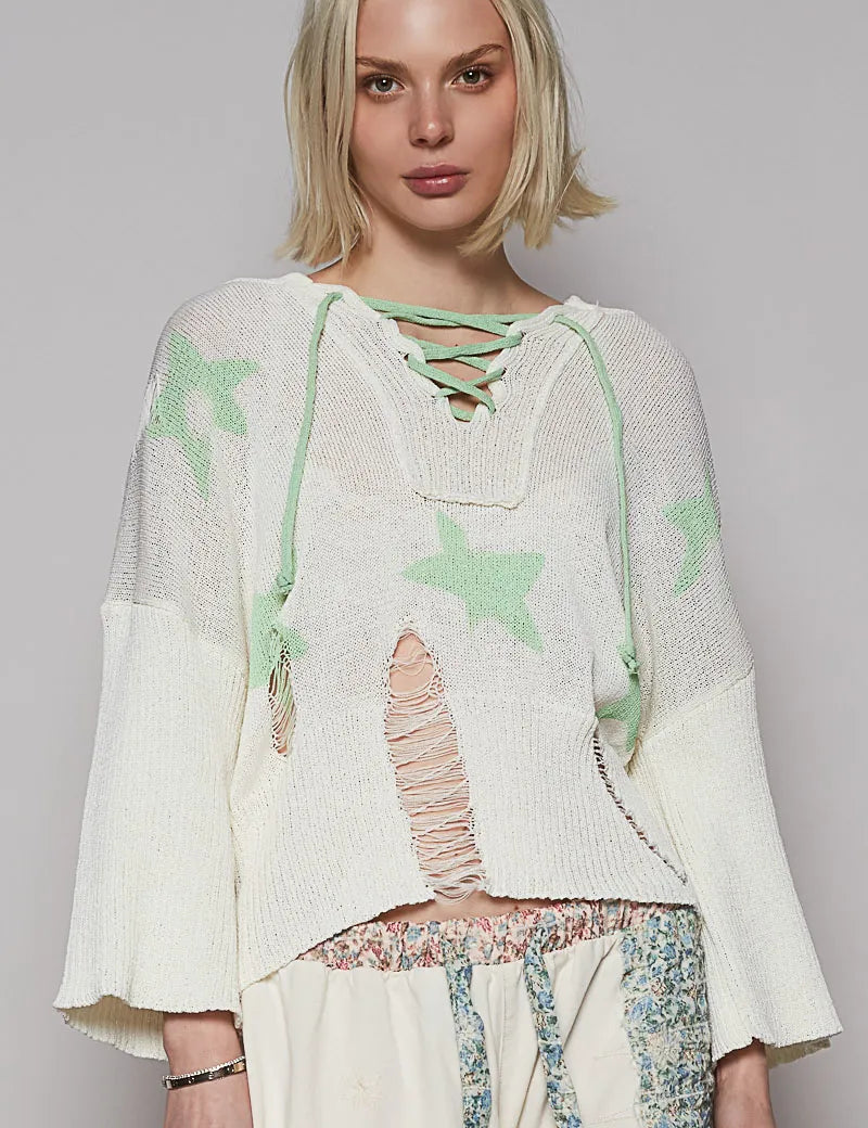 Gum Leaf M POL Distressed Lace-Up Star Pattern Hooded Hooded Sweater | Sweaters Daverri Fashions