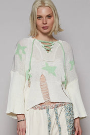 Gum Leaf M POL Distressed Lace-Up Star Pattern Hooded Hooded Sweater | Sweaters Daverri Fashions