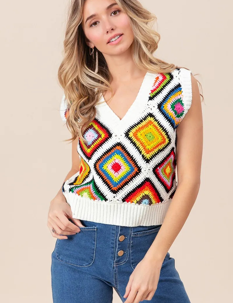 IVORY BiBi Diamond Granny Square Sweater Vest | Sweater Vests Daverri Fashions