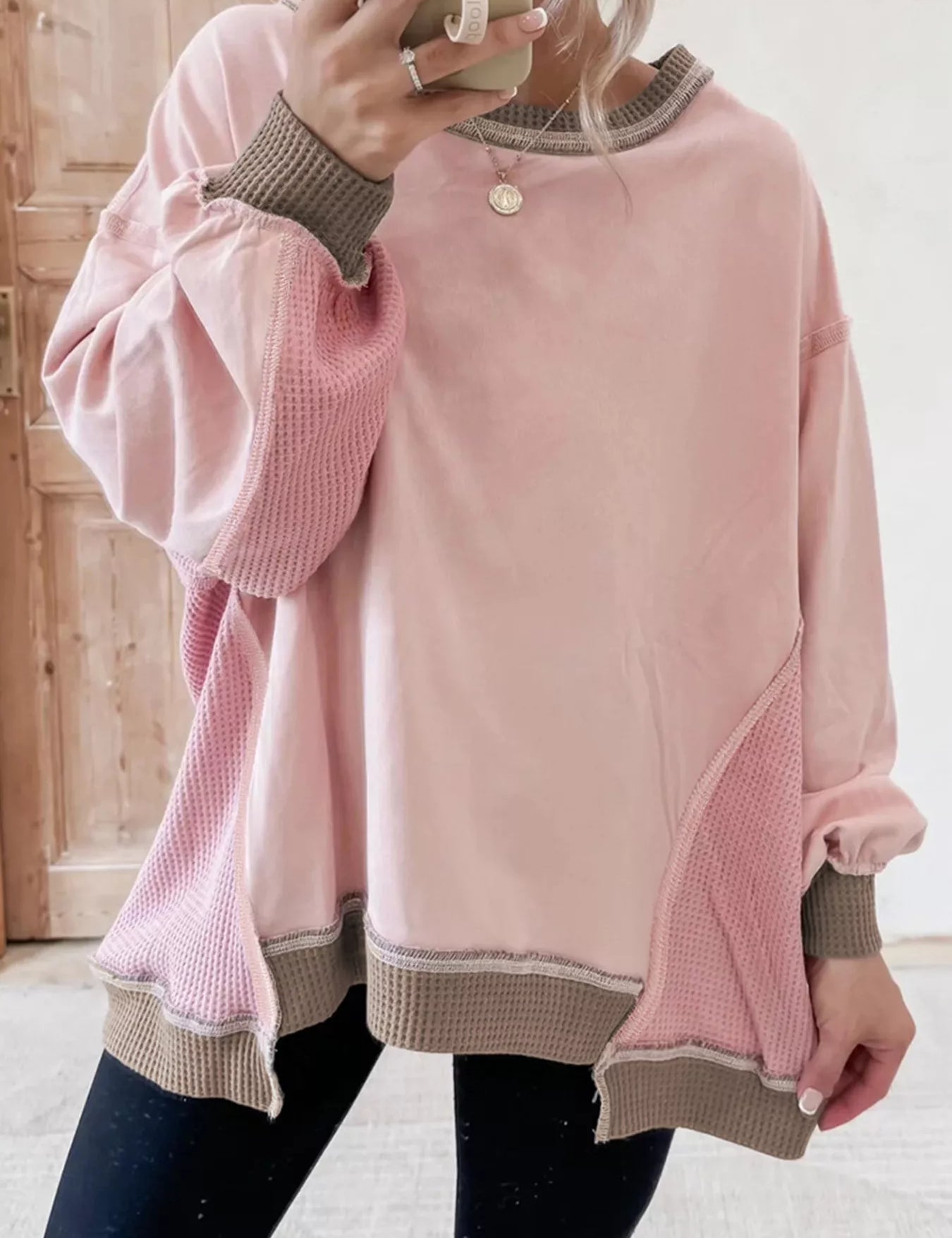 Dusty Pink Color Block Mix Texture Waffle Patchwork Oversize Sweatshirt | Swestshirts Daverri Fashions