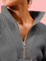 SO ME Half Zip Raglan Balloon Sleeves Ribbed Sweater | Sweaters Daverri Fashions