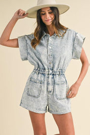 Annie Wear Elastic Waistband Short Sleeve Denim Romper | Denim Rompers Daverri Fashions