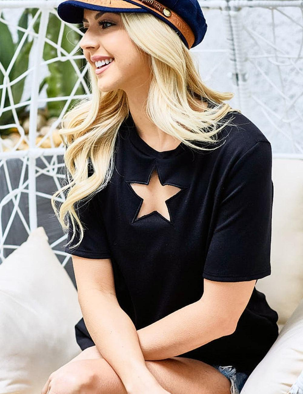 Black BiBi Star Cutout Short Sleeve T-Shirt | T-Shirts Daverri Fashions