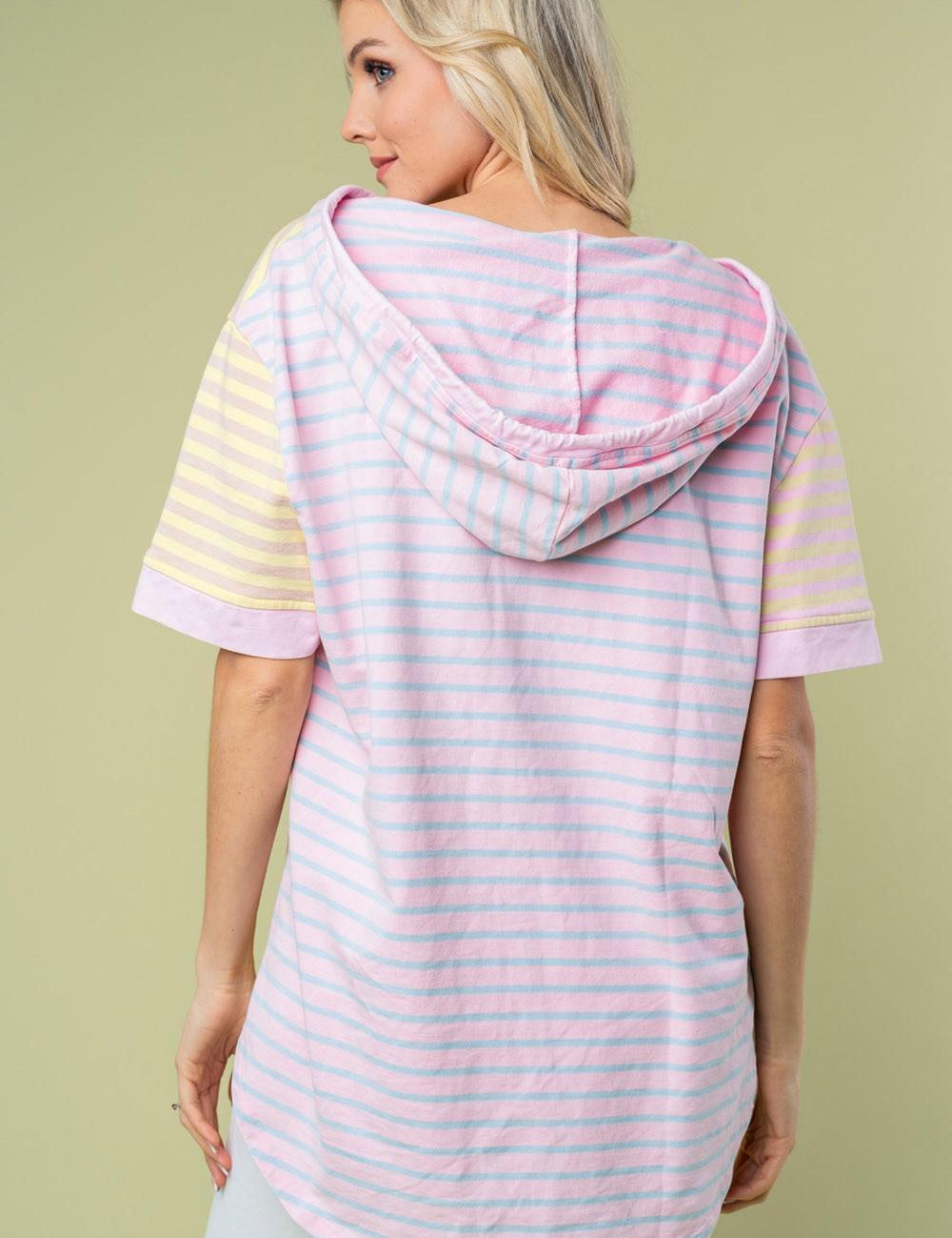 Striped Short Sleeve Drawstring Hooded Top | Tops Daverri Fashions