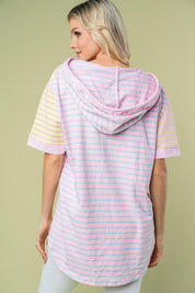 Striped Short Sleeve Drawstring Hooded Top | Tops Daverri Fashions