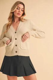Aemi + Co Ribbed Hem Button Down V-Neck Cardigan | Daverri Fashions