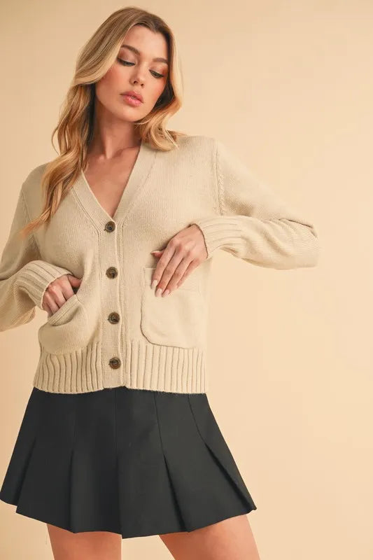 Aemi + Co Ribbed Hem Button Down V-Neck Cardigan | Daverri Fashions