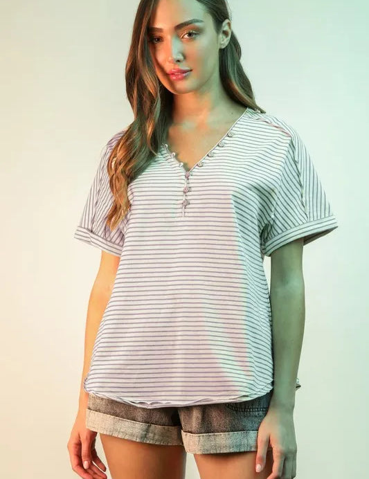 Lavender L VERY J Striped V-Neck Short Sleeve T-Shirt | T-Shirts Daverri Fashions
