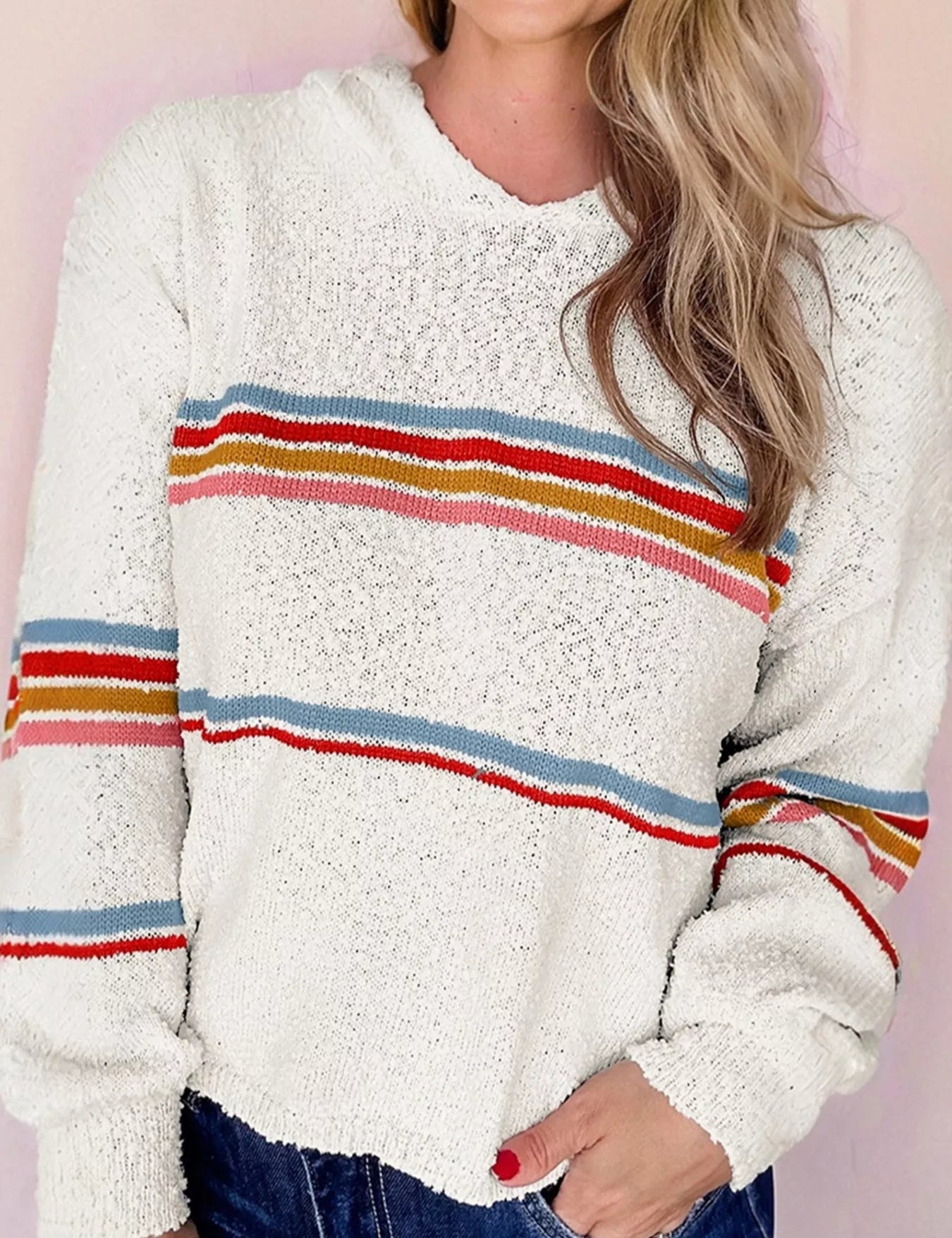 Multicolored Striped Accent Hooded Popcorn Sweater | Sweaters Daverri Fashions