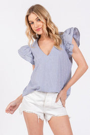 BLUE Ces Femme Striped V-Neck Ruffled Cap Sleeve Blouse | Blouses Daverri Fashions