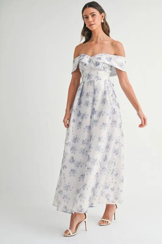 MABLE Floral Printed Off Shoulder Maxi Dress | Daverri Fashions