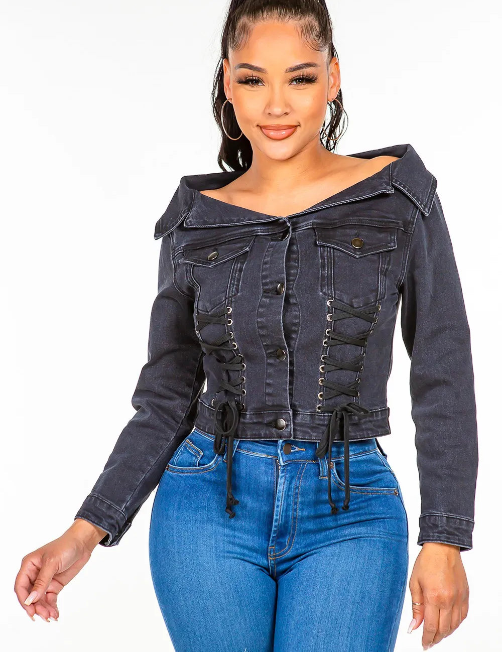 Black American Bazi Off Shoulder Lace Up Denim Jacket | Denim Jackets Daverri Fashions