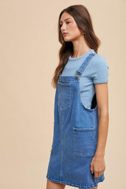 Annie Wear Wide Strap Denim Overall Dress with Pockets | Daverri Fashions