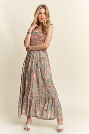 ADORA Smocked Printed Square Neck Tie Shoulder Cami Dress | Cami Dresses Daverri Fashions