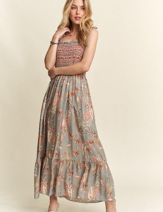 ADORA Smocked Printed Square Neck Tie Shoulder Cami Dress | Cami Dresses Daverri Fashions