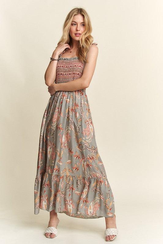 ADORA Smocked Printed Square Neck Tie Shoulder Cami Dress | Cami Dresses Daverri Fashions
