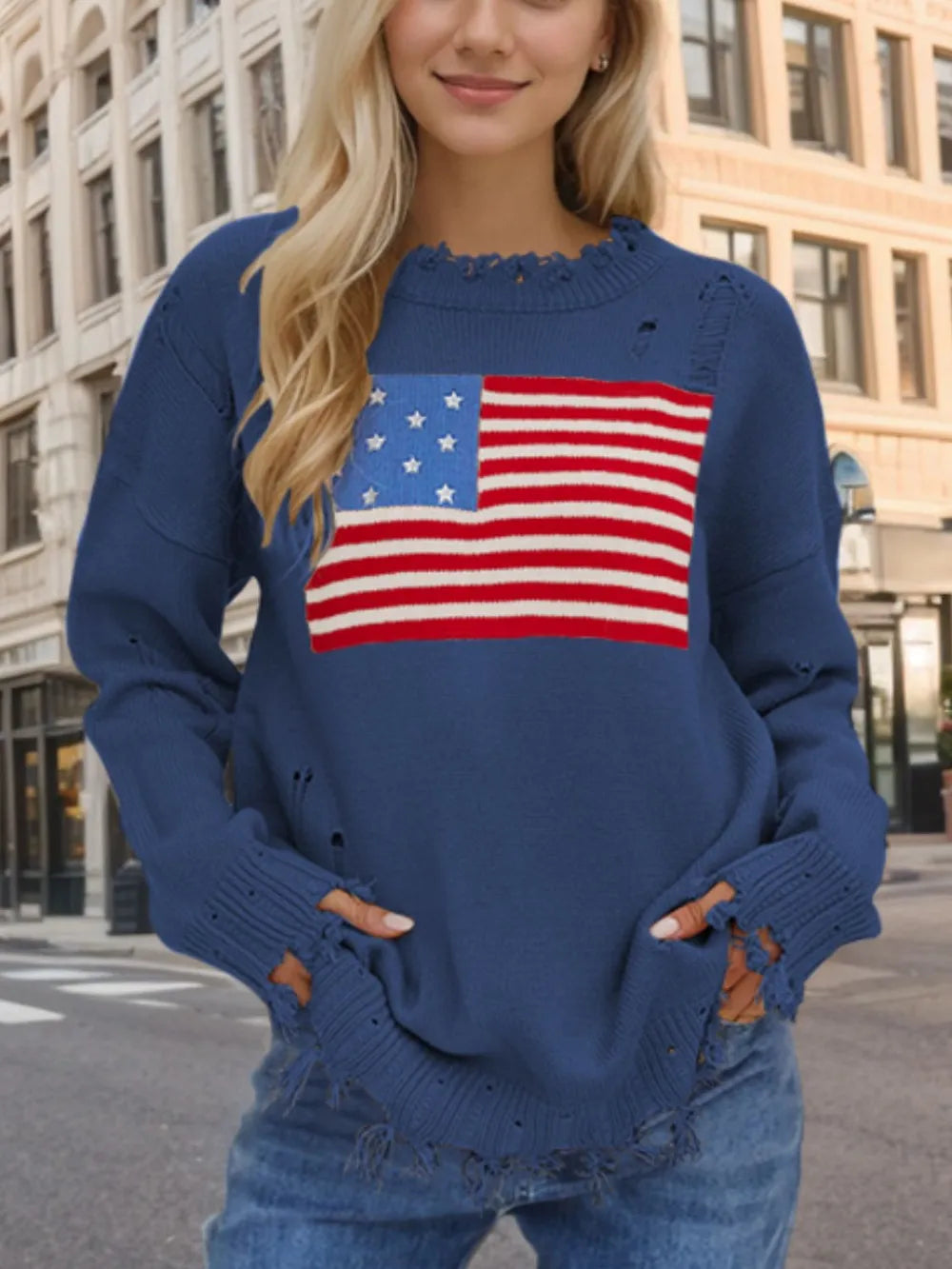 French Blue US Flag Distressed Round Neck Long Sleeve Sweater | Sweaters Daverri Fashions