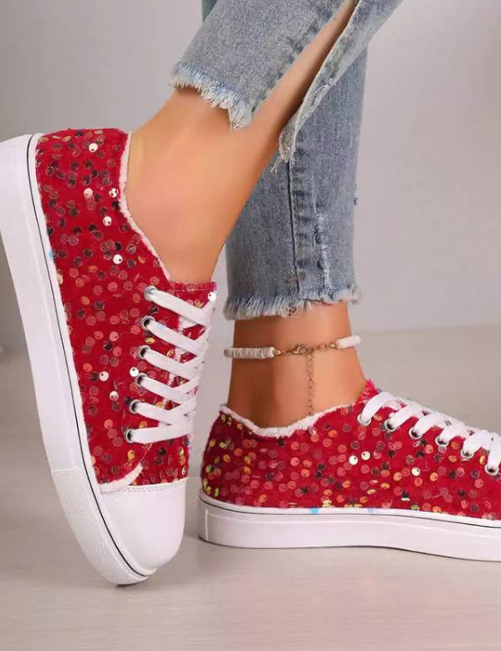 Red Sequin Round Toe Flat Sneakers | Sneakers Daverri Fashions