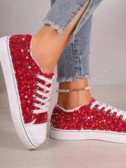 Red Sequin Round Toe Flat Sneakers | Sneakers Daverri Fashions