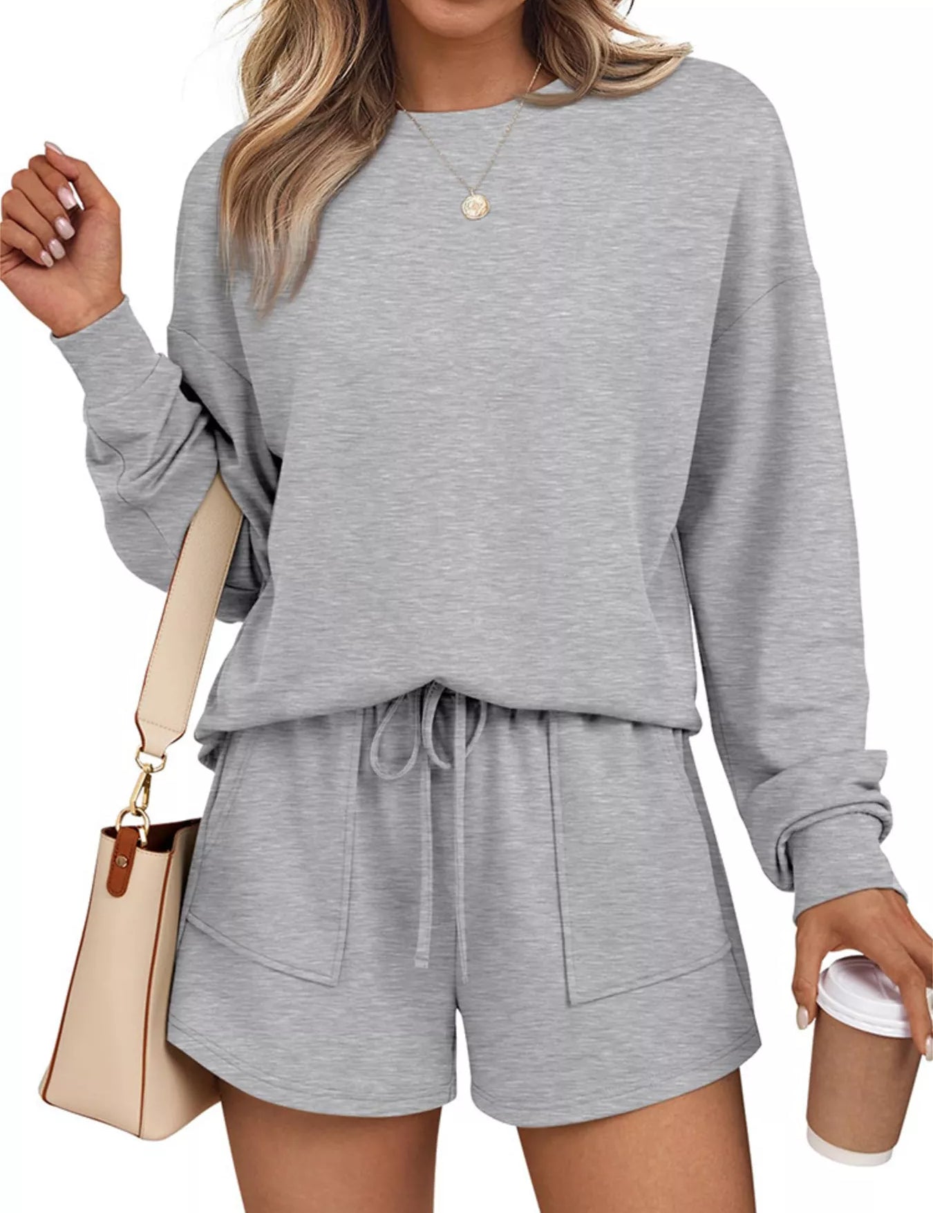 Light Gray Round Neck Long Sleeve Top and Shorts Set | Loungewear Sets Daverri Fashions