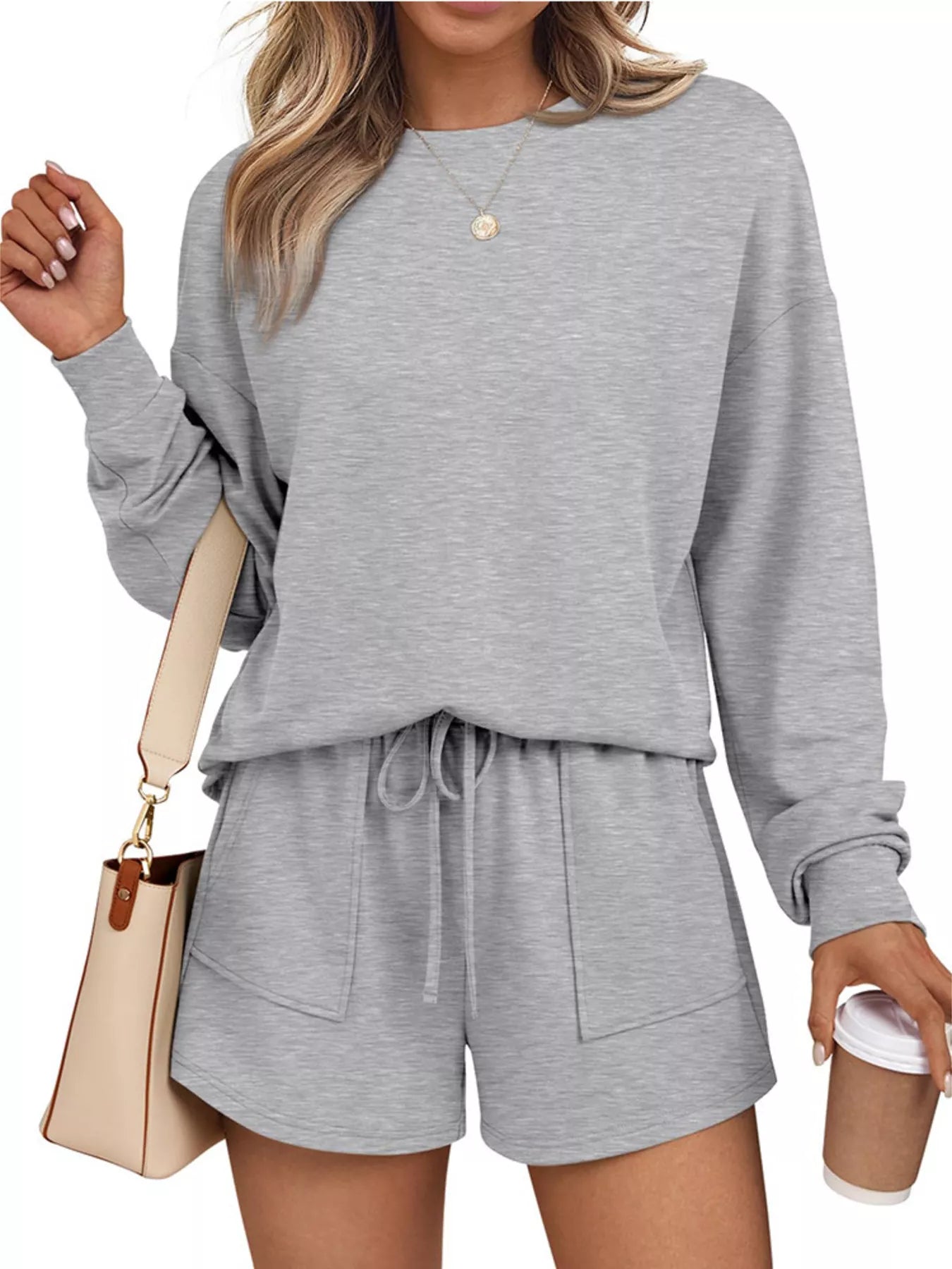 Light Gray Round Neck Long Sleeve Top and Shorts Set | Loungewear Sets Daverri Fashions