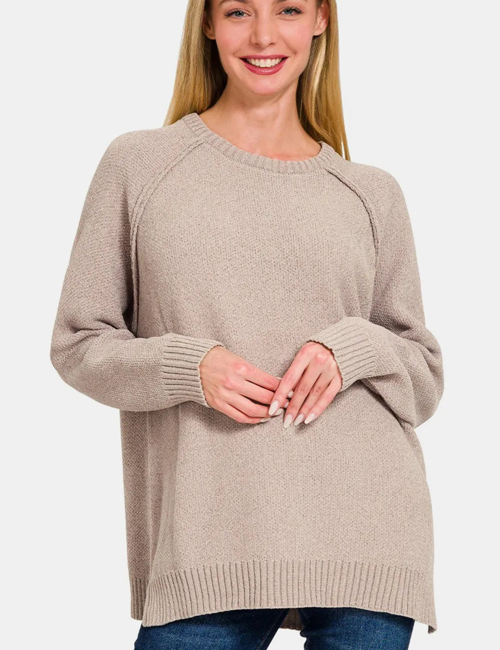 Light Mocha L Zenana Side Slit Raglan Sleeve Sweater | Sweaters Daverri Fashions