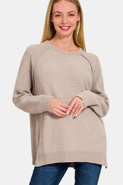 Light Mocha L Zenana Side Slit Raglan Sleeve Sweater | Sweaters Daverri Fashions
