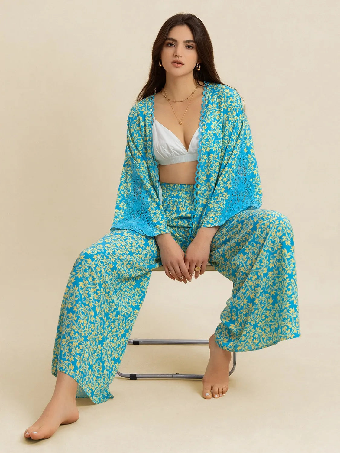 Open Front Printed Top and Pants Set | Loungewear Sets Daverri Fashions