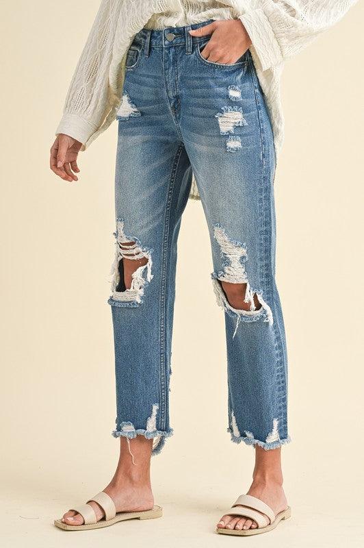 Annie Wear Distressed Raw Hem Cropped Jeans | Daverri Fashions