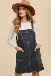 Black Annie Wear Wide Strap Denim Overall Dress with Pockets | Mini Dresses Daverri Fashions