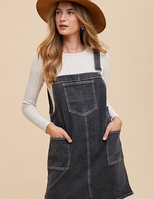 Black Annie Wear Wide Strap Denim Overall Dress with Pockets | Mini Dresses Daverri Fashions