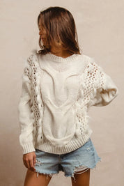 BiBi Faux Fur Detailed Pointelle Cable Knit Sweater | Sweaters Daverri Fashions
