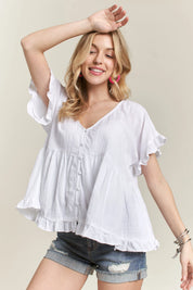 WHITE S ADORA Button Down Ruffled Babydoll Blouse | Daverri Fashions