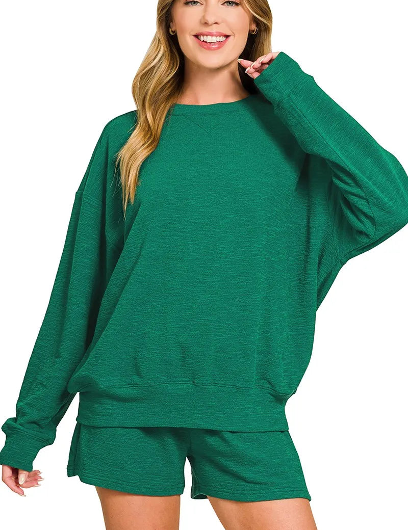 HUNTER GREEN Zenana Slub Long Sleeve Top and Shorts Set | Loungewear Sets Daverri Fashions