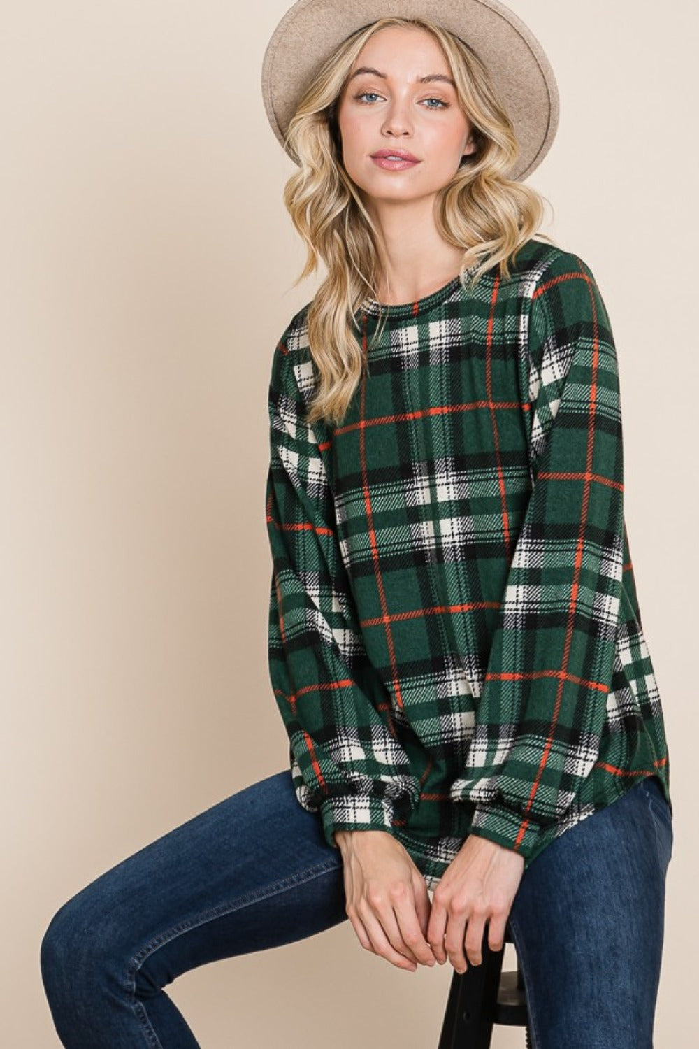 BOMBOM Curved Hem Plaid Round Neck Long Sleeve Top | Tops Daverri Fashions