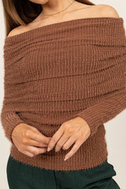 HYFVE Fuzzy Off Shoulder Textured Knit Top | Knit Tops Daverri Fashions