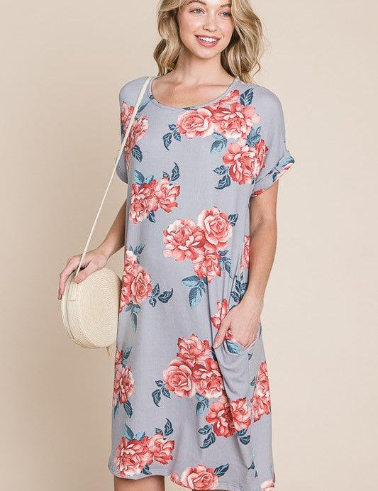 BOMBOM Floral Round Neck Short Tee Dress with Pockets | Daverri Fashions