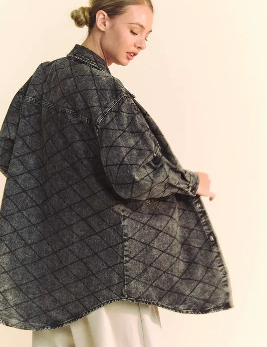 Davi & Dani Curved Hem Diamond Quilted Button Up Denim Shacket | Shackets Daverri Fashions