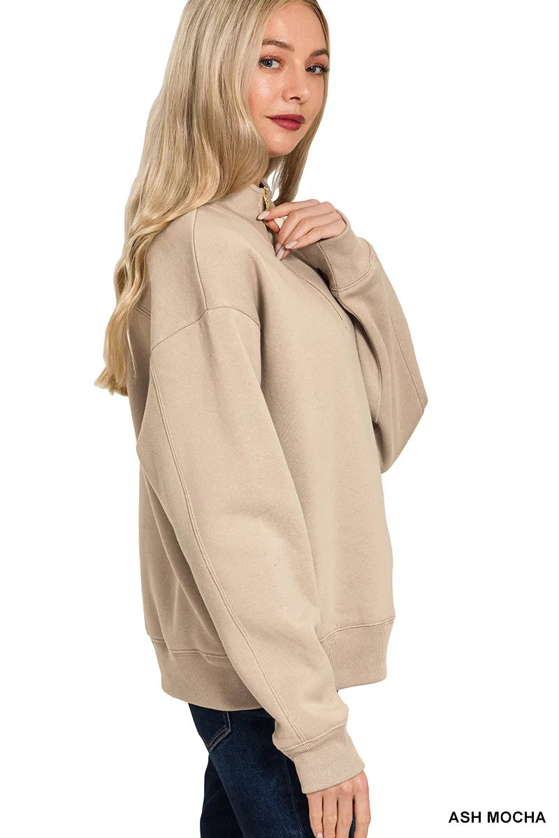 Zenana Fleece Half Zip Sweatshirt Ash Mocha | Sweatshirts Daverri Fashions